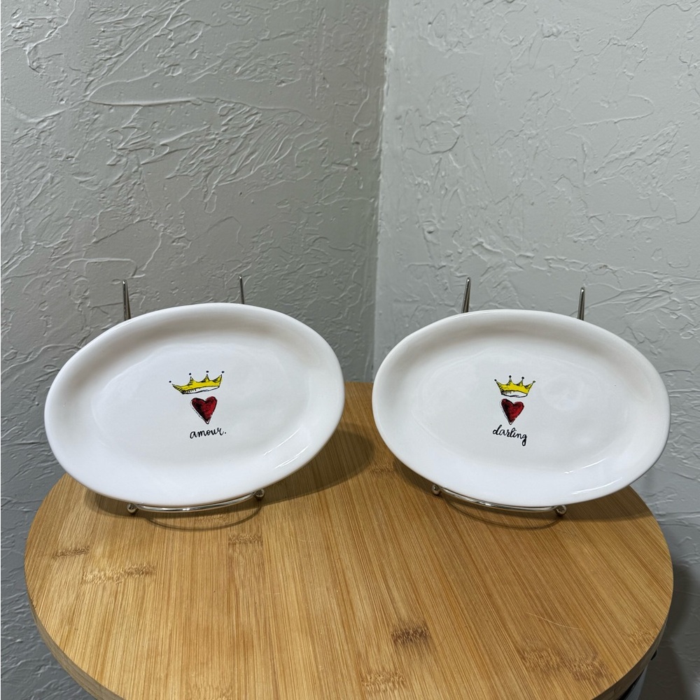 SET OF 2 Rae Dunn Oval Plates with Heart and Crown Design - Amour and Darling